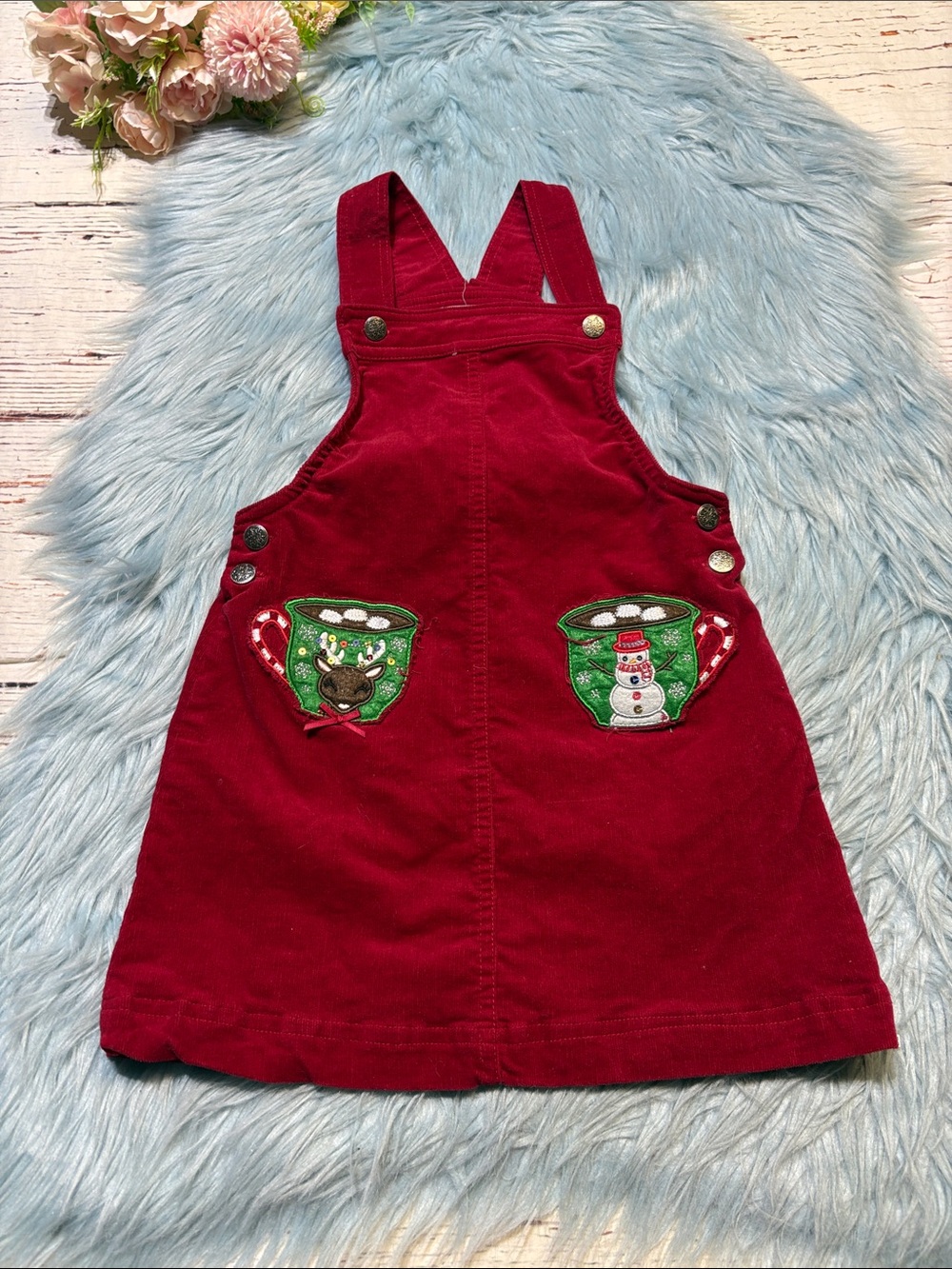 Tahari Girls Red Corduroy Holiday Pinafore Dress with Festive Cup Pockets Sz 6